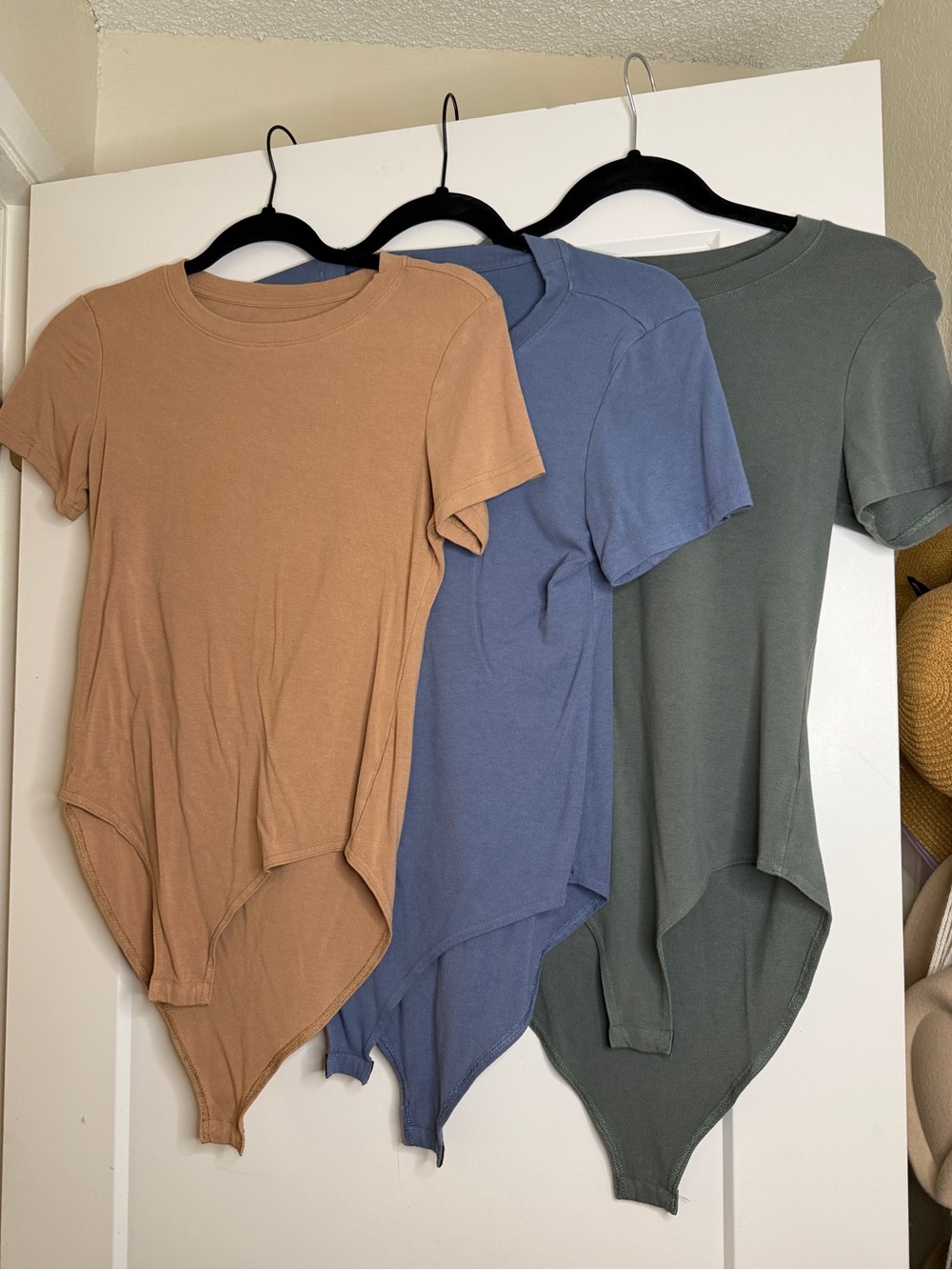Women's Short-Sleeve Scoop Hem Bodysuit - Brown, Blue, Olive
